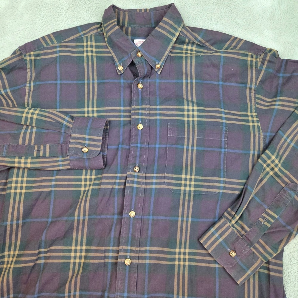 Brooks Brothers Button Down Shirt Mens L Plaid Long Sleeve Cotton Purple Blue